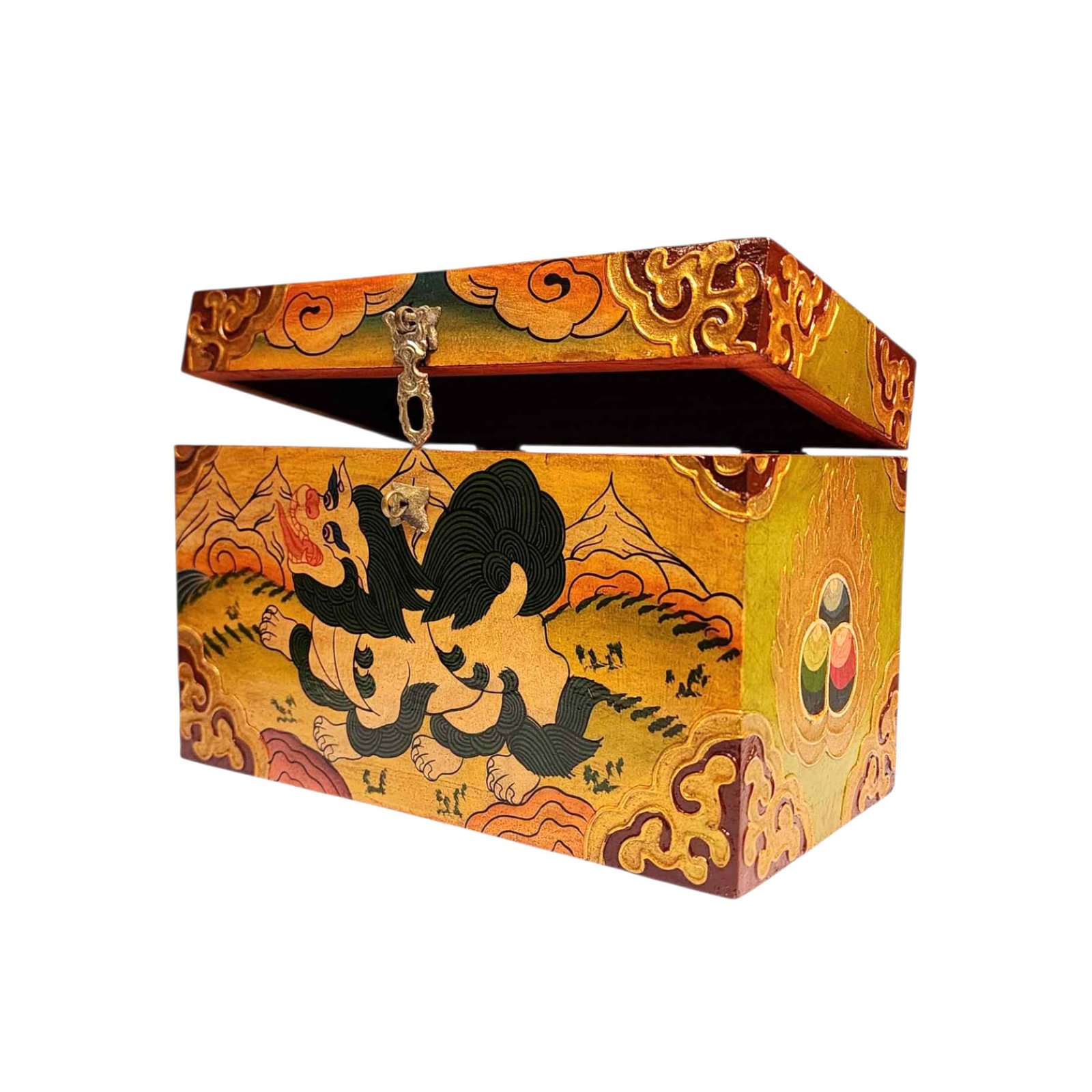 Buddhist Wooden Box With [snow Lion] Design, Tibetan Style With Traditional Color