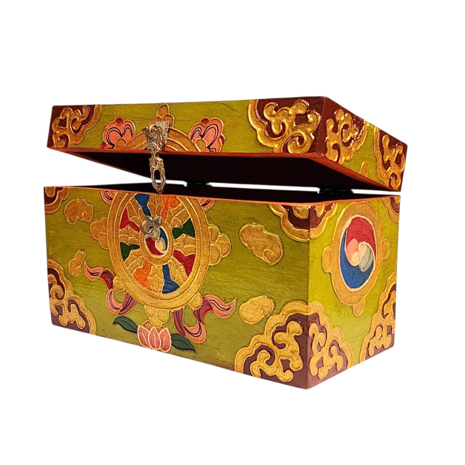 Buddhist Wooden Box With [dharmachakra] Design, Tibetan Style With Traditional Color