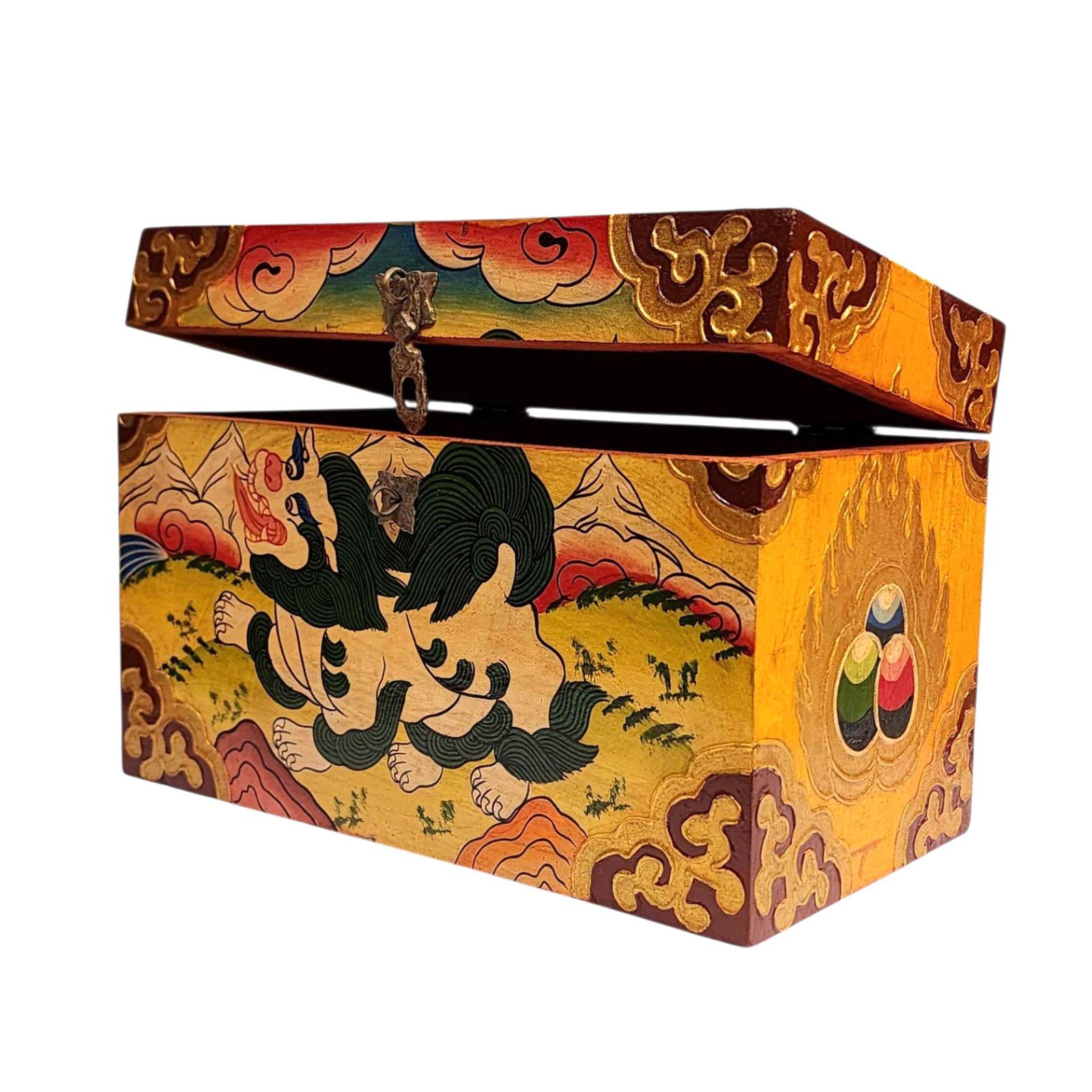 Buddhist Wooden Box With [snow Lion] Design, Tibetan Style With Traditional Color