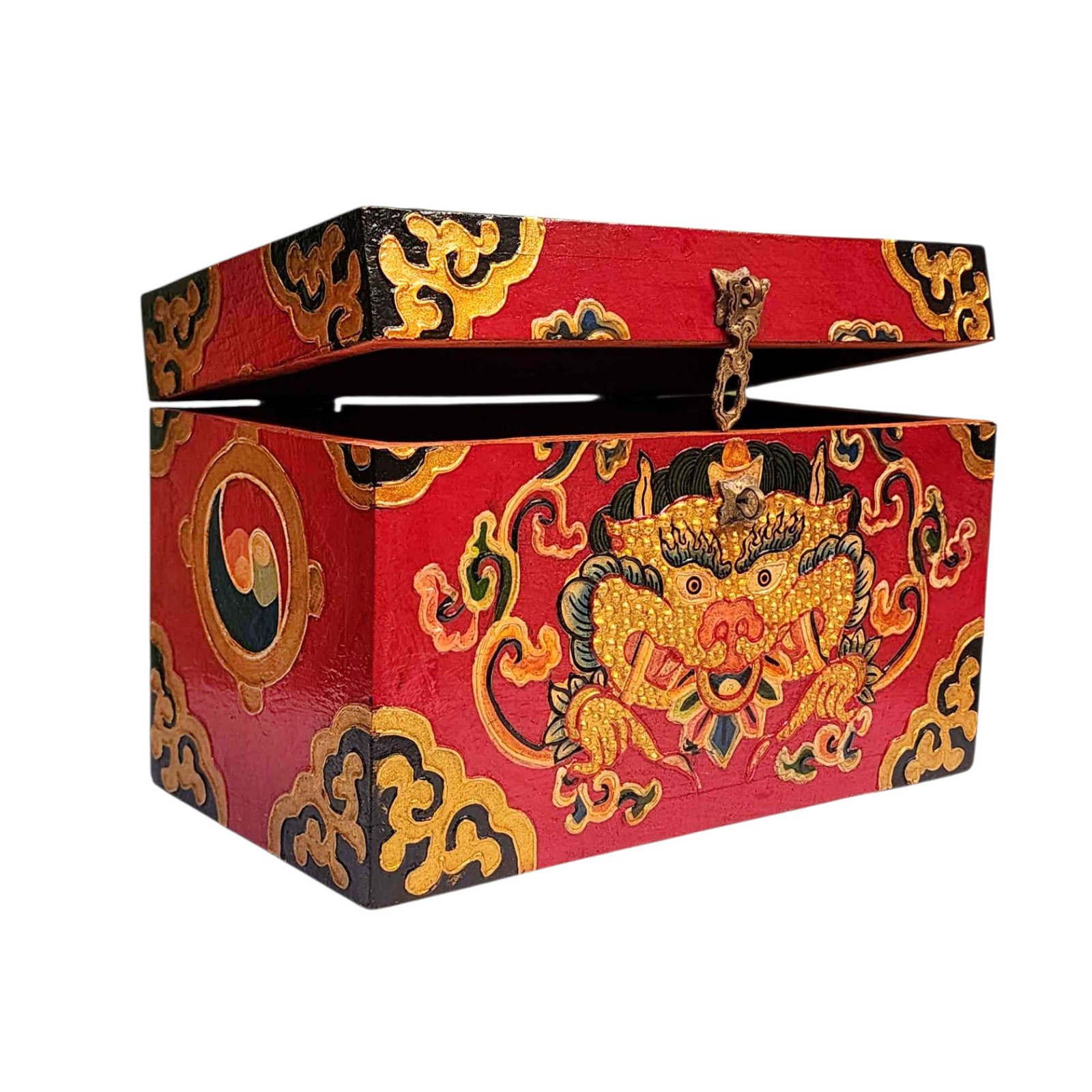 Buddhist Wooden Box With [cheppu] Design, Tibetan Style With Traditional Color