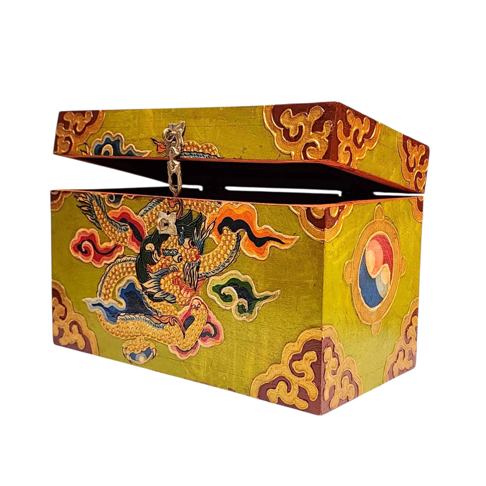 Buddhist Wooden Box With [dragon] Design, Tibetan Style With Traditional Color