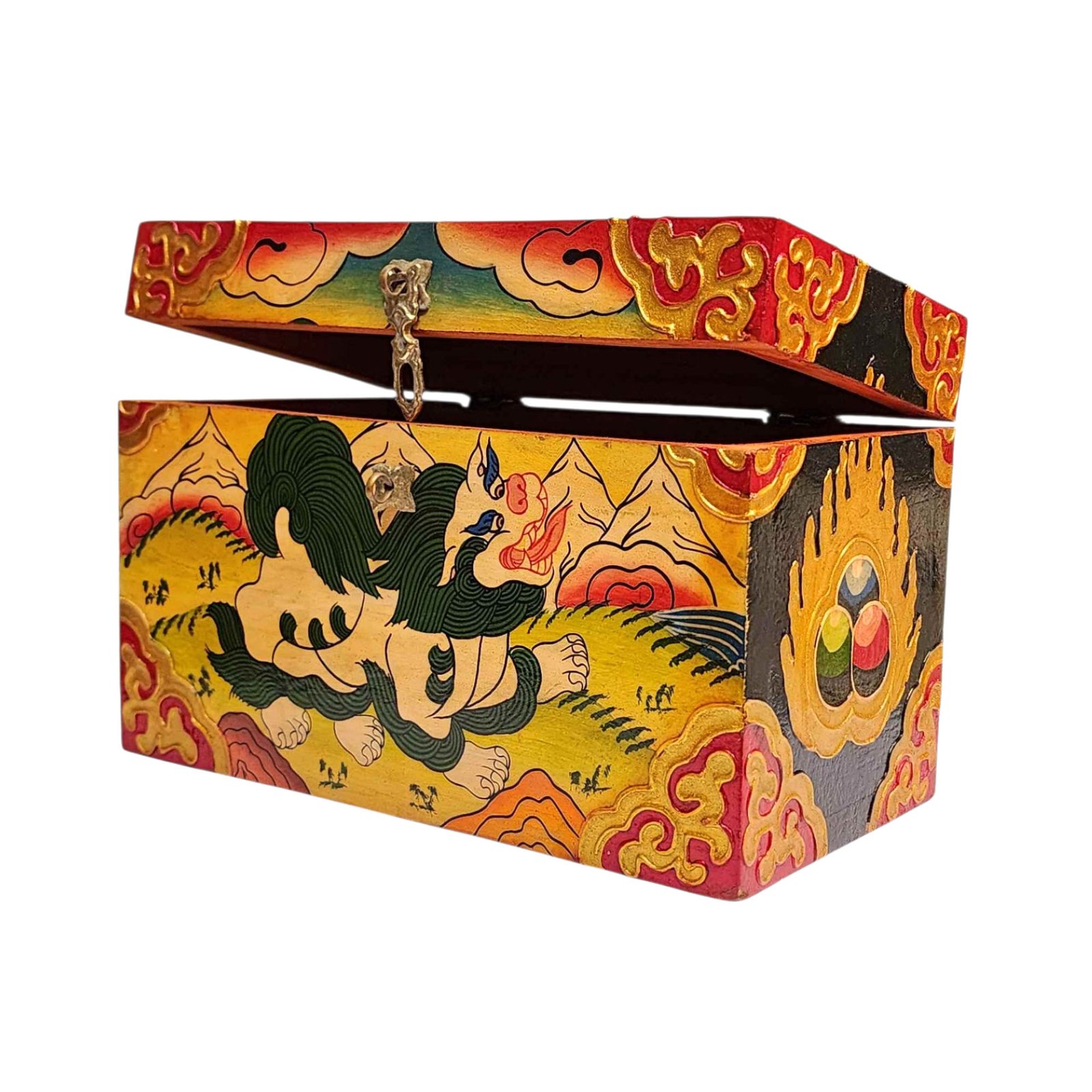 Buddhist Wooden Box With [snow Lion] Design, Tibetan Style With Traditional Color