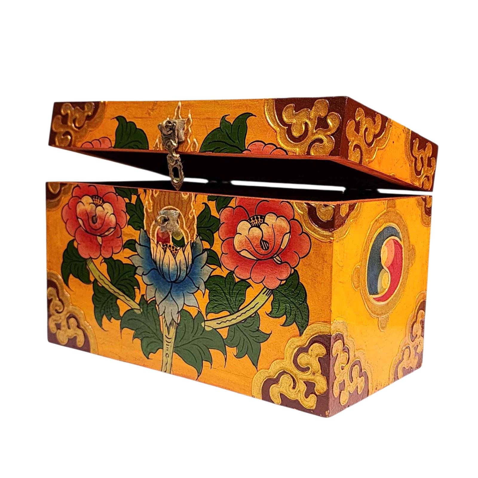 Buddhist Wooden Box With [flower] Design, Tibetan Style With Traditional Color