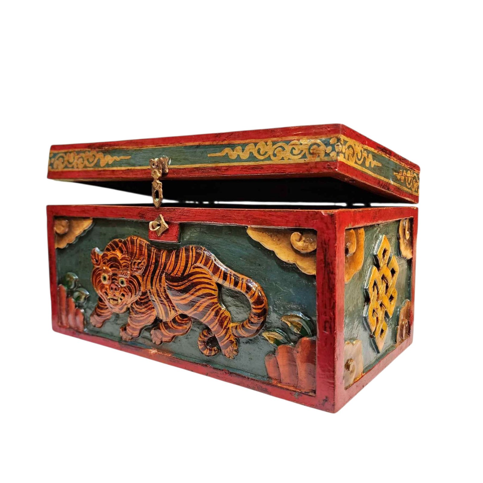Buddhist Wooden Box With [tiger And Endless Knot] Design, Tibetan Style With Traditional Color