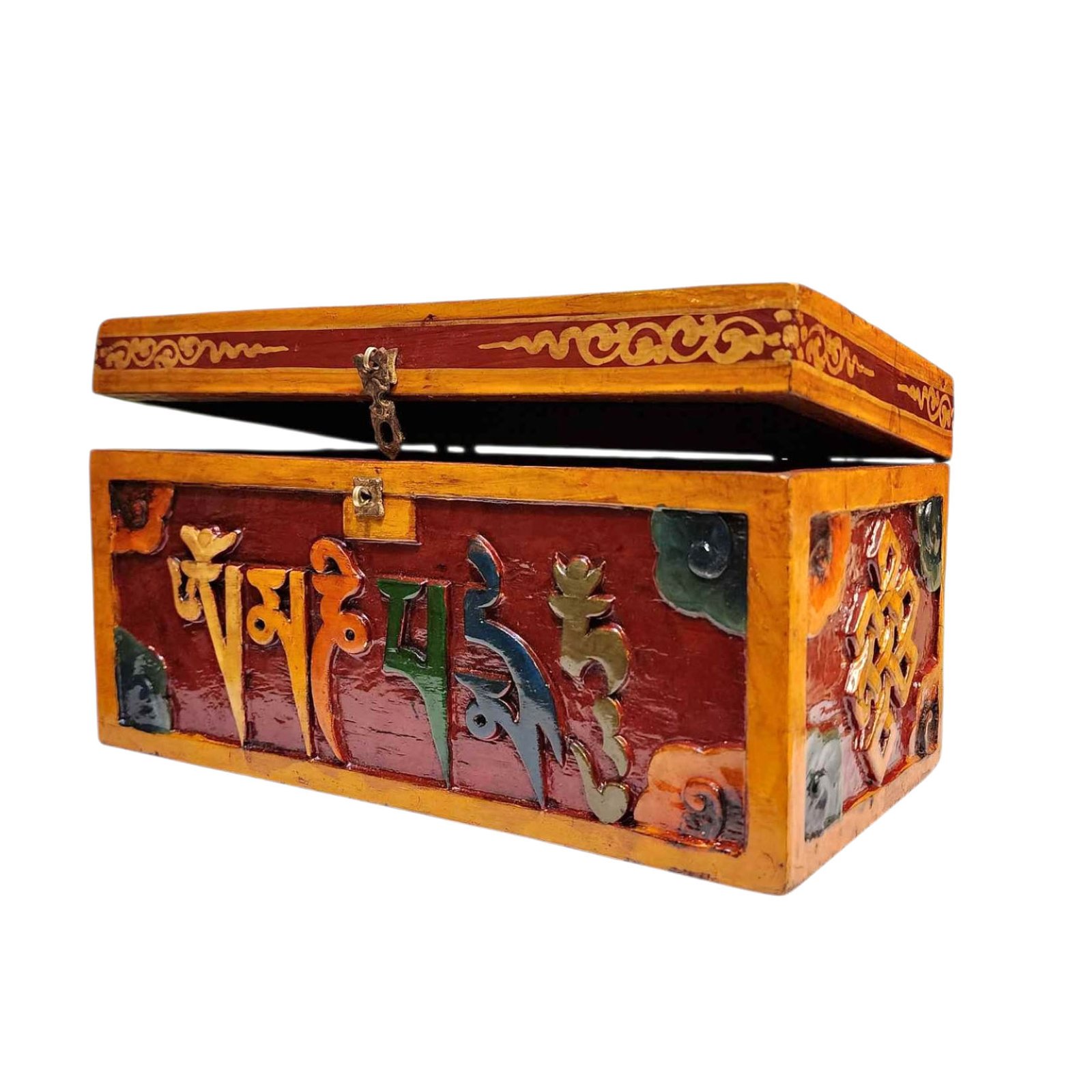 Buddhist Wooden Box With [omph] Design, Tibetan Style With Traditional Color
