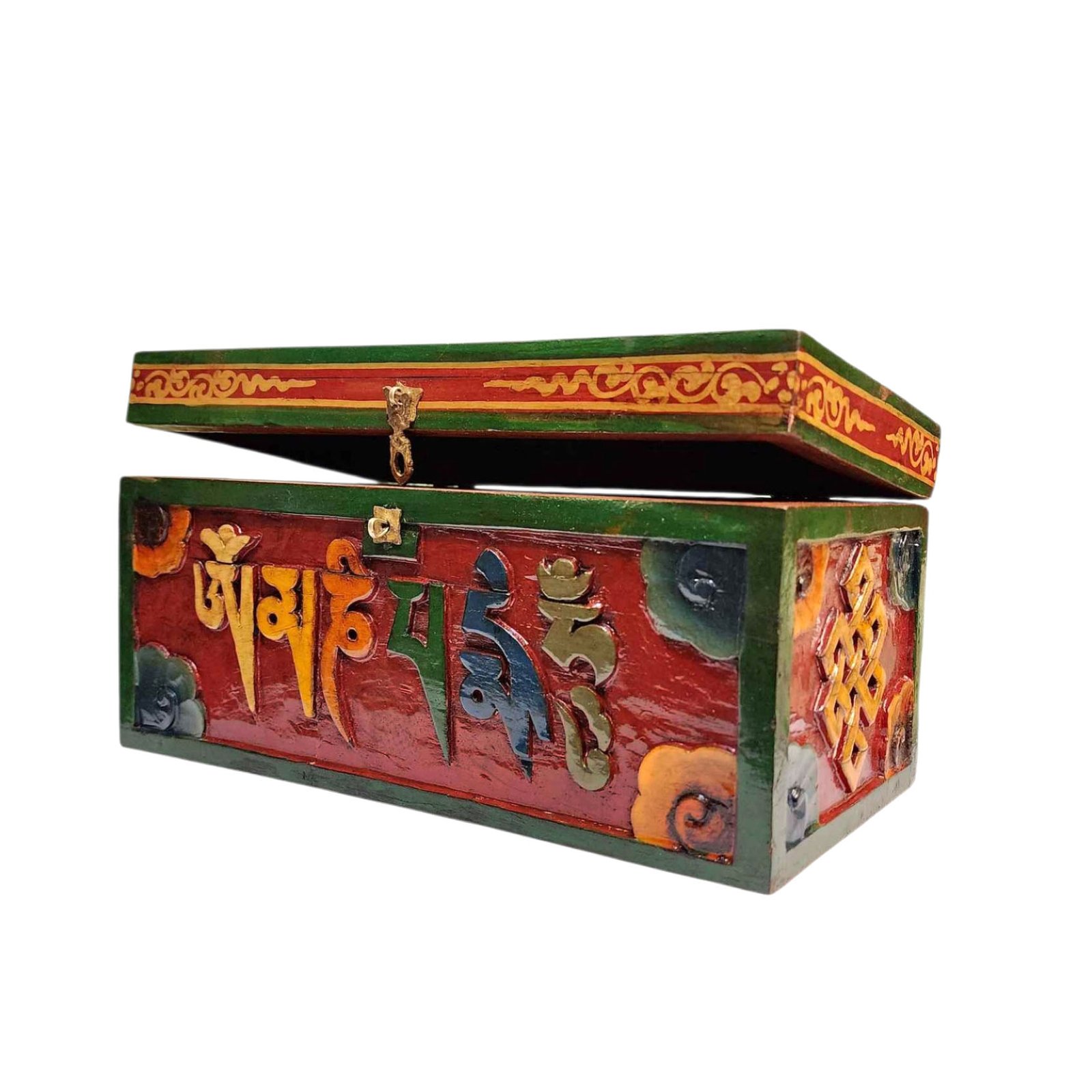 Buddhist Wooden Box With [omph] Design, Tibetan Style With Traditional Color