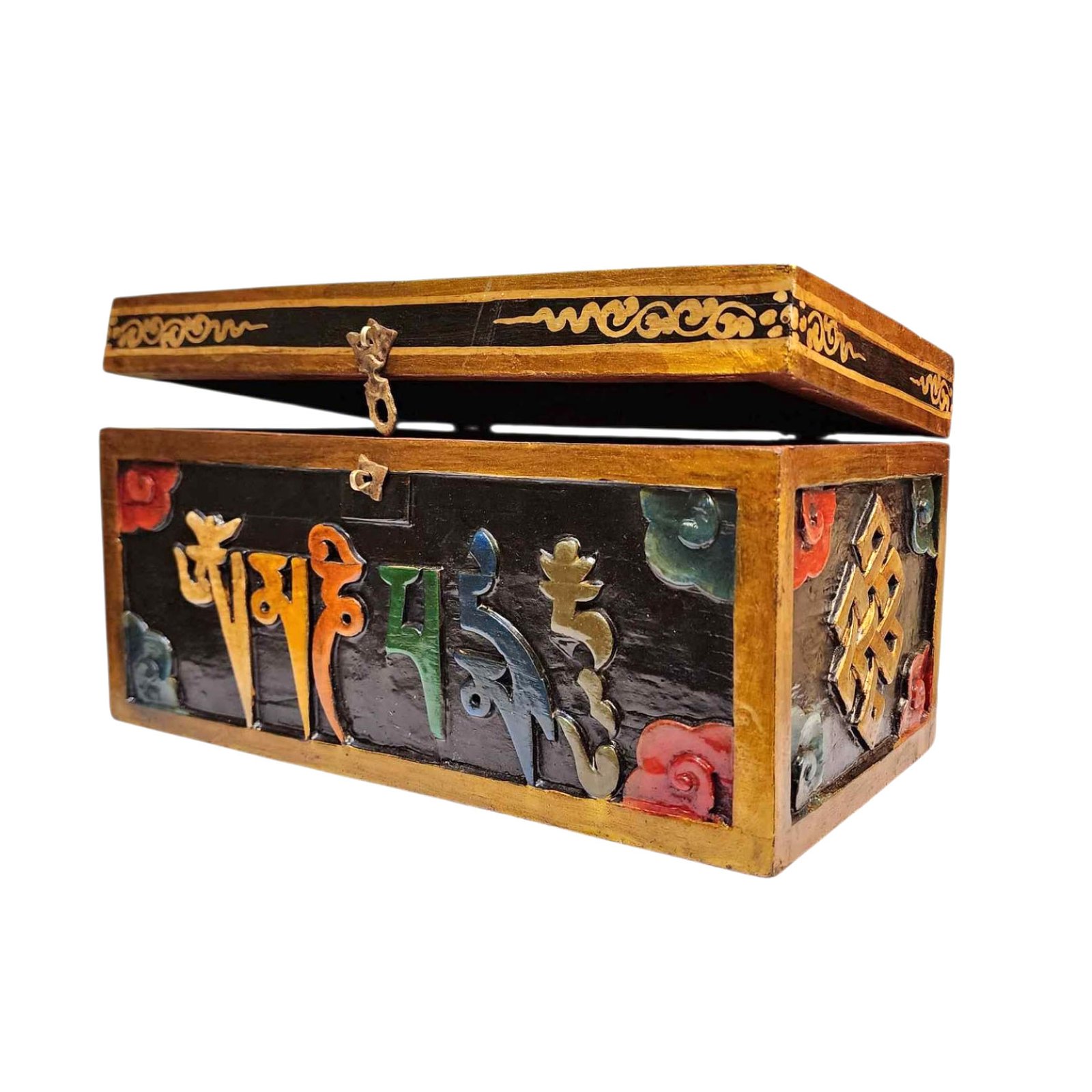 Buddhist Wooden Box With [omph] Design, Tibetan Style With Traditional Color