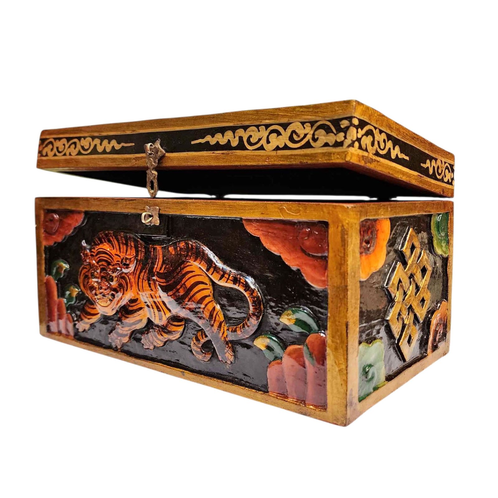 Buddhist Wooden Box With [tiger] Design, Tibetan Style With Traditional Color