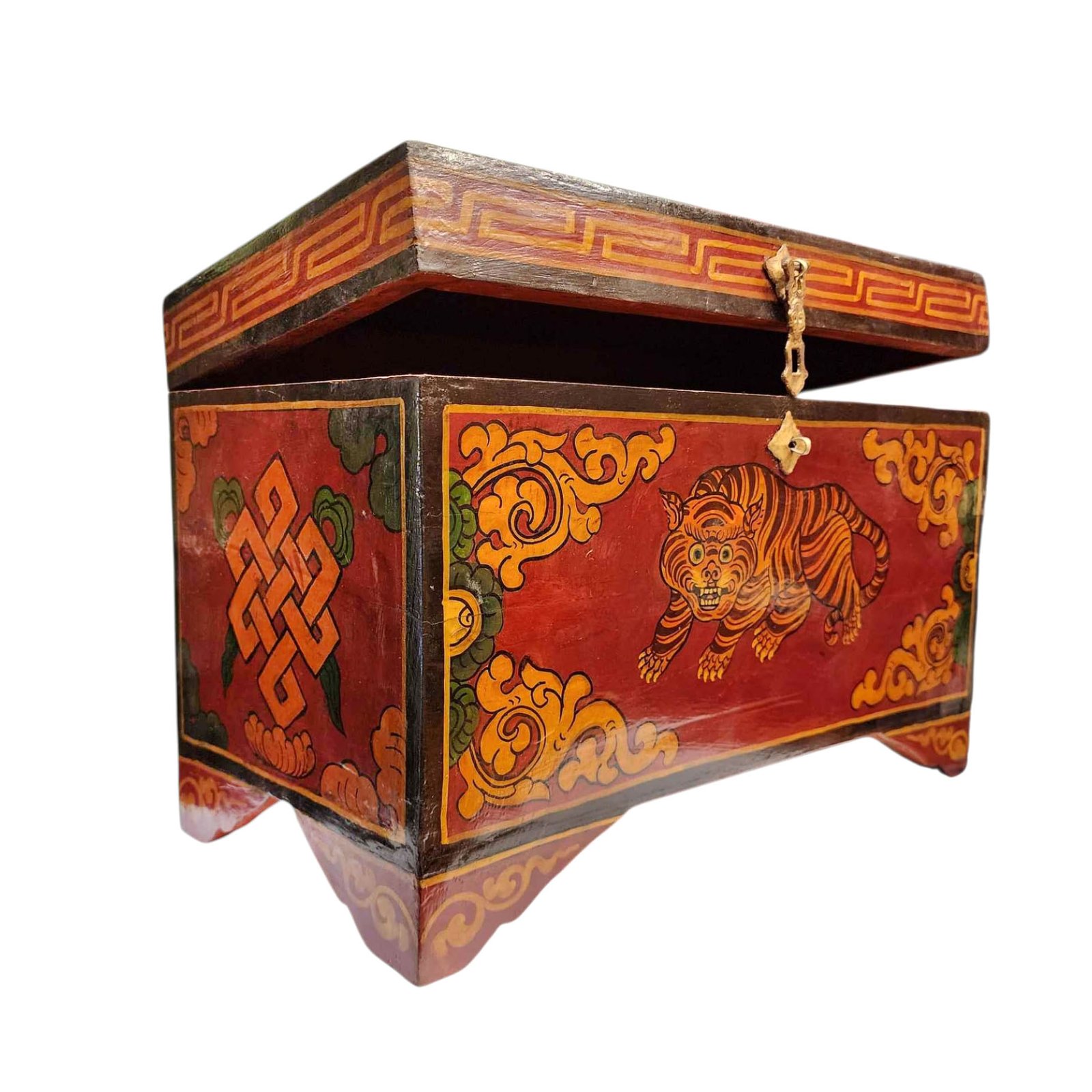 Buddhist Wooden Box With [tiger And Endless Knot] Design, Tibetan Style With Traditional Color