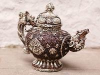 Tibetan Tea And Water Offering Vessel, With Deep Carving, Silver Plated Oxidized