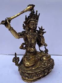 Buddhist Statue Of Manjushri, [full Fire Gold Plated], Antique Finishing