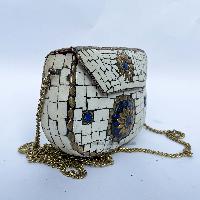 Nepali Handmade Small Ladies [metal] Bag With [stone Setting],  [white And Golden Color]