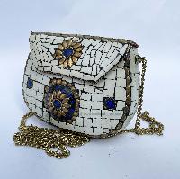 Nepali Handmade Small Ladies [metal] Bag With [stone Setting],  [white And Golden Color]