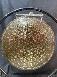 Tibetan Gong With Stand, [flower Etching],  Gong Size 50 Cm, Gong Weight 3000