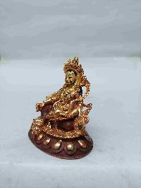 Buddhist Miniature Statue Of Yellow Jambhala With Throne, [partly Gold Plated, Face Painted, Stone Setting]