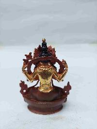 Buddhist Miniature Statue Of Chenrezig With Throne, [partly Gold Plated, Stone Setting, Face Painted]