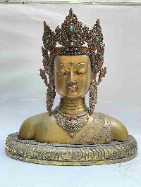 Buddhist Handmade Statue Of Maitreya Buddha, [full Fire Gold Plated, Stone Setting, Face Painted]