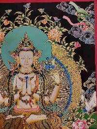 Buddhist Handmade Thangka Of Chenrezig, Avalokitesvara, [real Gold, Hand Painted]