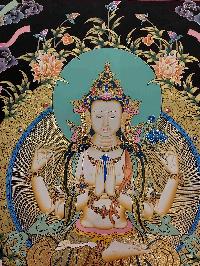 Buddhist Handmade Thangka Of Chenrezig, Avalokitesvara, [real Gold, Hand Painted]