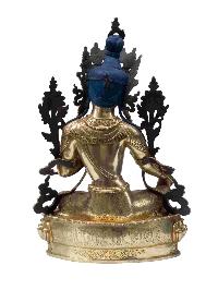 Buddhist Handmade Statue Of Green Tara, [full Fire Gold Plated], [stone Setting] With Painted Face