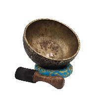 [rare Find], Buddhist Real Antique Hand Beaten [bangladeshi] Jambati Singing Bowl, Carved Design, Beautiful Sound Quality, [antique], [select Accessories]