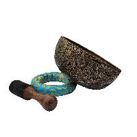 [rare Find], Buddhist Real Antique Hand Beaten [bangladeshi] Jambati Singing Bowl, Carved Design, Beautiful Sound Quality, [antique], [select Accessories]