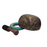 [rare Find], Buddhist Real Antique Hand Beaten [bangladeshi] Jambati Singing Bowl, Carved Design, Beautiful Sound Quality, [antique], [select Accessories]