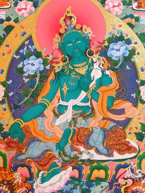 Green Tara Thangka, Tibetan Buddhist Art, Hand Painted, [real Gold]