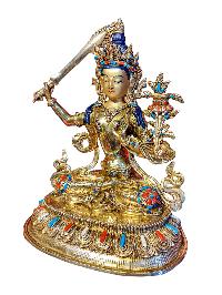 [manjushri], Buddhist Handmade Statue, [face Painted], [gold Plated] And [stone Setting]