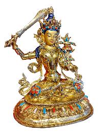 [manjushri], Buddhist Handmade Statue, [face Painted], [gold Plated] And [stone Setting]