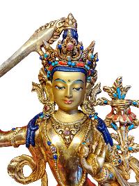 [manjushri], Buddhist Handmade Statue, [face Painted], [gold Plated] And [stone Setting]