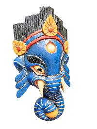 [ganesh Mask], Handmade Wooden Mask, Wall Hanging, [painted Blue], Poplar Wood