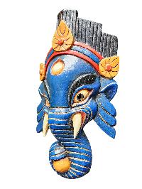 [ganesh Mask], Handmade Wooden Mask, Wall Hanging, [painted Blue], Poplar Wood