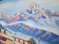 Oil Painting, Annapurna Rnage Ghale Village [knife Art], By Om Gurung