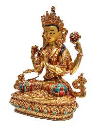 [chenrezig], Buddhist Handmade Statue, [face Painted], [stone Setting] And [gold Plated]
