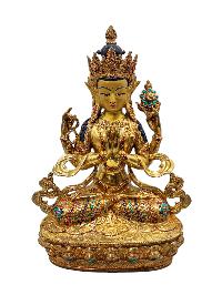 [chenrezig], Buddhist Handmade Statue, [full Gold Plated], [face Painted], [stone Setting] And [high Quality]