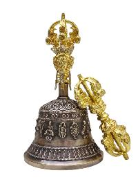 Bell And Vajra [dorje] Set With Brocade Cover - Radiant Golden Yellow Shine And Ashtamangal Design