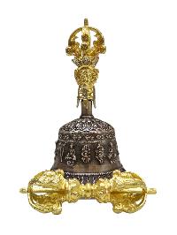 Bell And Vajra [dorje] Set With Brocade Cover - Radiant Golden Yellow Shine And Ashtamangal Design