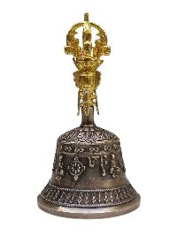 Bell And Vajra [dorje] Set With Brocade Cover - Radiant Golden Yellow Shine And Ashtamangal Design