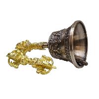 Bell And Vajra [dorje] Set With Brocade Cover - Radiant Golden Yellow Shine And Ashtamangal Design