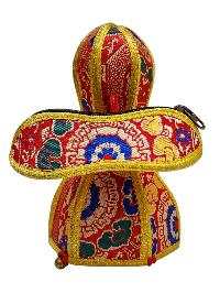 Bell And Vajra [dorje] Set With Brocade Cover - Radiant Golden Yellow Shine And Ashtamangal Design