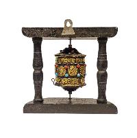 Buddhist Handmade Wall Prayer Wheel With Mantra Inside, [ashtamangala], With [stone Setting] Wall Mountable