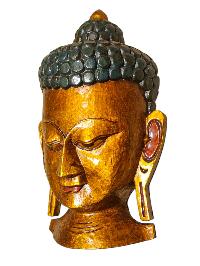 [buddha Head],buddhist  Handmade Wooden Statue, Wall Hanging, [thangka Color Finishing], Poplar Wood