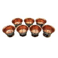 Copper Offering Bowl With Stand And Hand Carving 7 Pcs Set, [stone Setting]