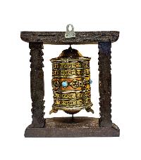 Buddhist Handmade Wall Prayer Wheel With Mantra Inside, [omph], [double Dorje], [stone Setting], Wall Mountable