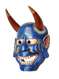 Buddhist Wooden Tribal Mask With [oni], Tibetan Style With Traditional Colors