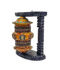Buddhist Handmade Wall Prayer Wheel With Mantra Inside, [stone Setting], [ashtamangala], Wall Mountable