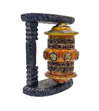 Buddhist Handmade Wall Prayer Wheel With Mantra Inside, [stone Setting], [ashtamangala], Wall Mountable
