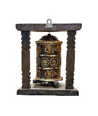 Buddhist Handmade Wall Prayer Wheel With Mantra Inside, [omph] And [ashtamangala] Design Wall Mountable