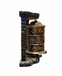 Buddhist Handmade Wall Prayer Wheel With Mantra Inside, [omph] And [ashtamangala] Design Wall Mountable